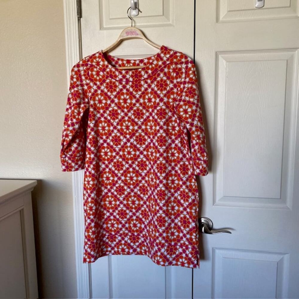 Lands' End Dress 3/4 Sleeve Multi-Color Stretch Geometric Women's Petite‎ Medium